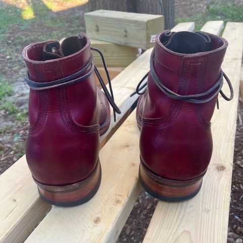 View photo of Nick's Boots MTO in Wickett & Craig Double Stuffed Crimson