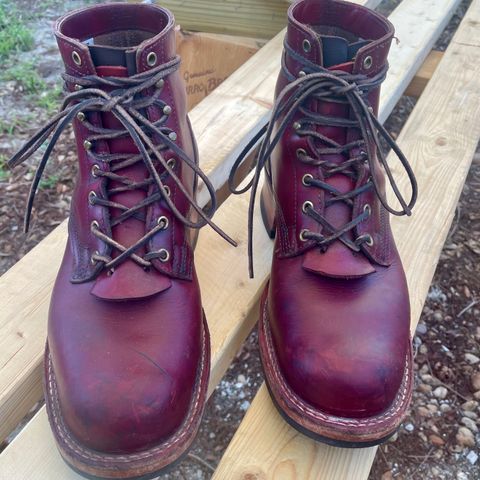 View photo of Nick's Boots MTO in Wickett & Craig Double Stuffed Crimson