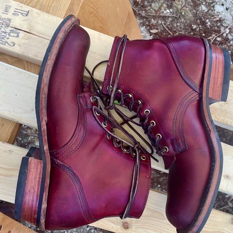 View photo of Nick's Boots MTO in Wickett & Craig Double Stuffed Crimson