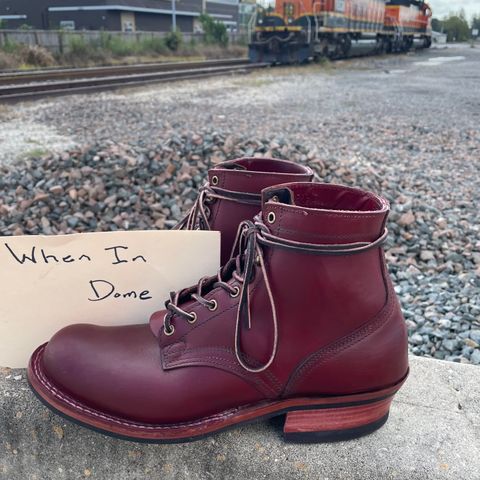 View photo of Nick's Boots MTO in Wickett & Craig Double Stuffed Crimson