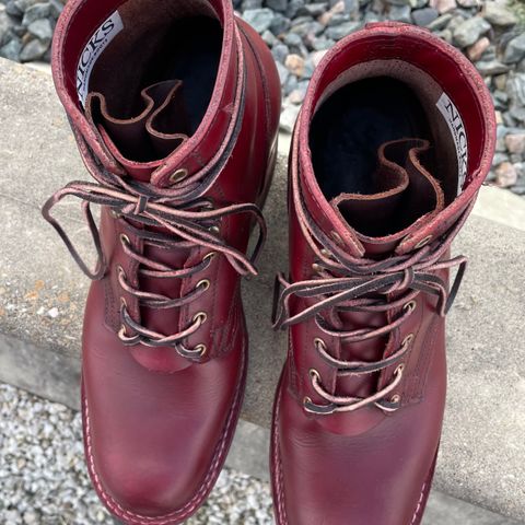 View photo of Nick's Boots MTO in Wickett & Craig Double Stuffed Crimson