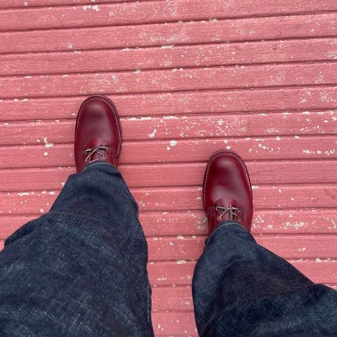 View photo of Nick's Boots MTO in Wickett & Craig Double Stuffed Crimson