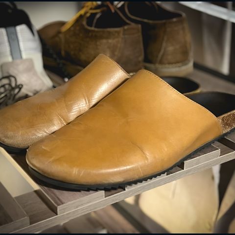 View photo of 3sixteen Calf Leather Mules in Natural Calf Leather