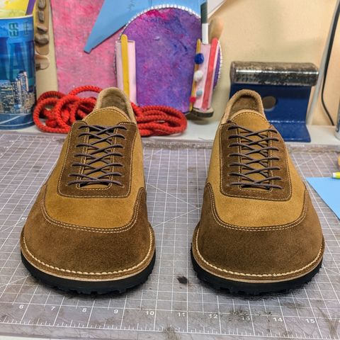 View photo of Turriff Functional Footwear C-02 Anatomical Outdoor Shoe in Cf Stead Repello Calf Suede Mix (Autumn Gold, Cola)