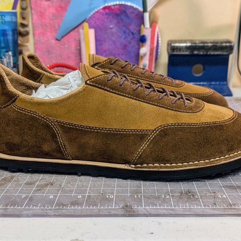 View photo of Turriff Functional Footwear C-02 Anatomical Outdoor Shoe in Cf Stead Repello Calf Suede Mix (Autumn Gold, Cola)