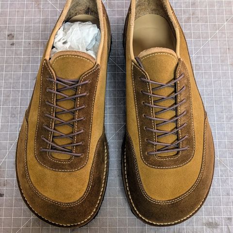 View photo of Turriff Functional Footwear C-02 Anatomical Outdoor Shoe in Cf Stead Repello Calf Suede Mix (Autumn Gold, Cola)