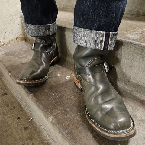 View photo of Wesco Mister Lou in Maryam Petrolio Waxed Black Horsehide