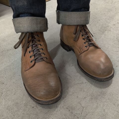 View photo of Viberg Service Boot in Shinki Cognac Shrunken Horsebutt