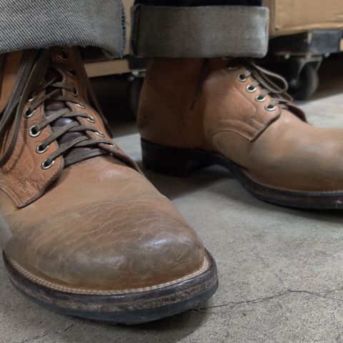 View photo of Viberg Service Boot in Shinki Cognac Shrunken Horsebutt