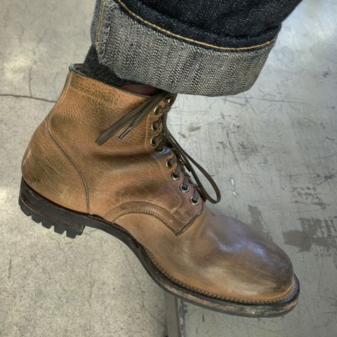 View photo of Viberg Service Boot in Shinki Cognac Shrunken Horsebutt