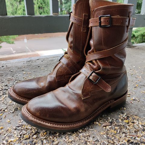 View photo of Eastman Leather Tanker Boots in Horween Havana Burnished Roughout