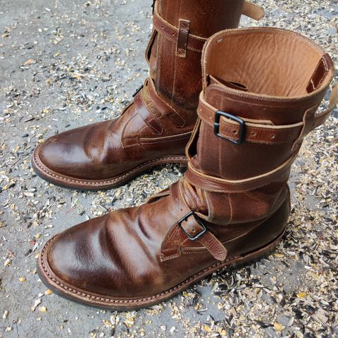 View photo of Eastman Leather Tanker Boots in Horween Havana Burnished Roughout