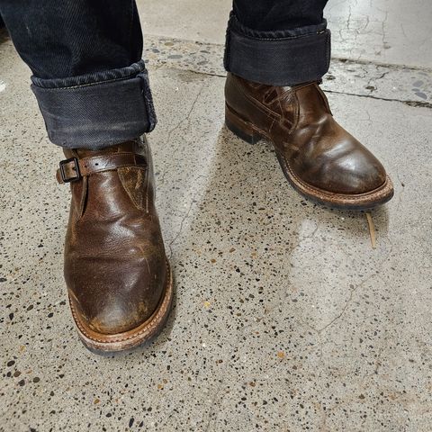 View photo of Eastman Leather Tanker Boots in Horween Havana Burnished Roughout