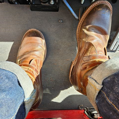 View photo of Eastman Leather Tanker Boots in Horween Havana Burnished Roughout