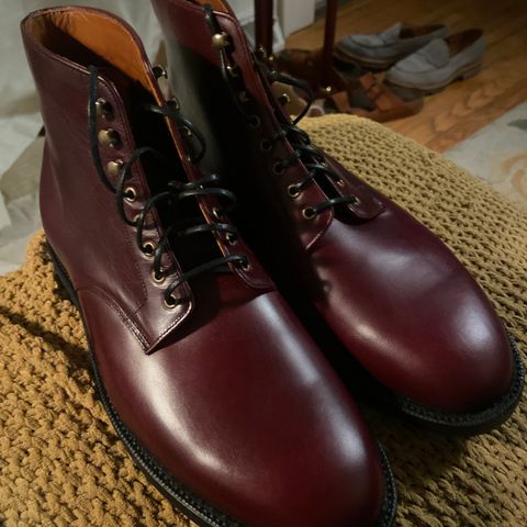 View photo of Grant Stone Edward Boot in Horween Burgundy Chromexcel