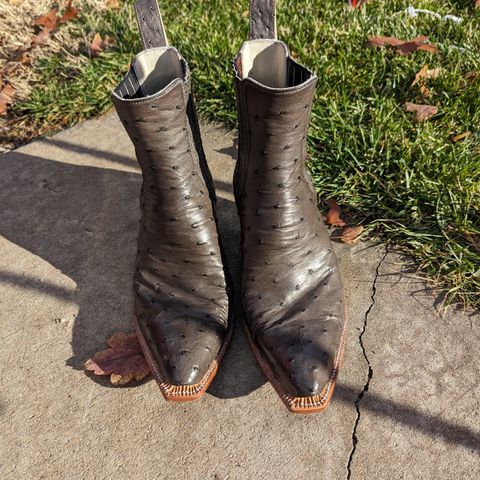 Flora Knight Bespoke Cowboy Chelsea Boot in Quilled Ostrich Grey