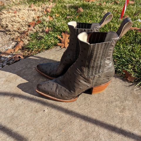 Flora Knight Bespoke Cowboy Chelsea Boot in Quilled Ostrich Grey