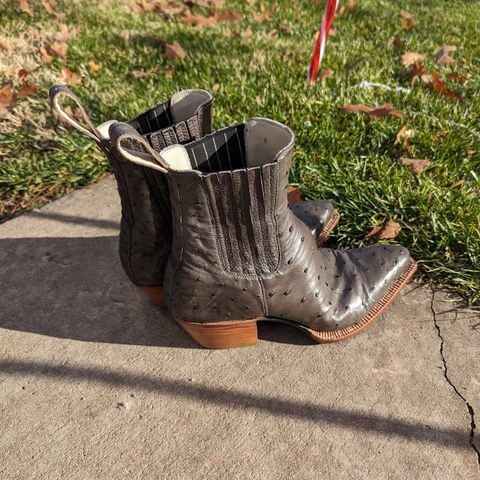 Flora Knight Bespoke Cowboy Chelsea Boot in Quilled Ostrich Grey