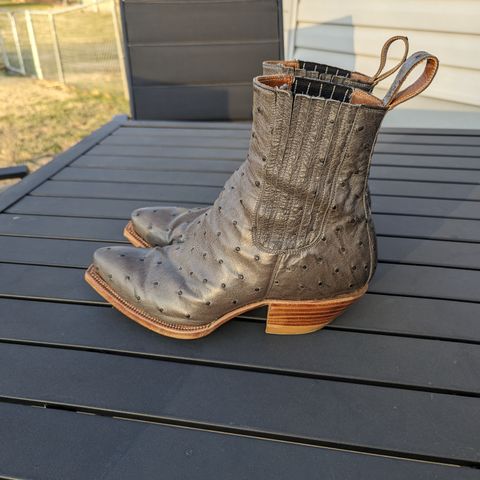 Flora Knight Bespoke Cowboy Chelsea Boot in Quilled Ostrich Grey