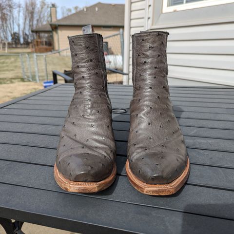 Flora Knight Bespoke Cowboy Chelsea Boot in Quilled Ostrich Grey