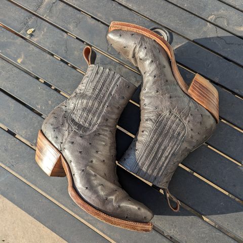 Flora Knight Bespoke Cowboy Chelsea Boot in Quilled Ostrich Grey