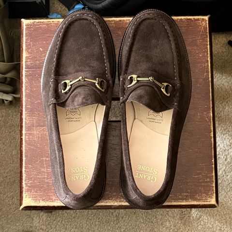 Grant Stone Horse Bit Loafers in C.F. Stead Espresso Repello Calf Suede