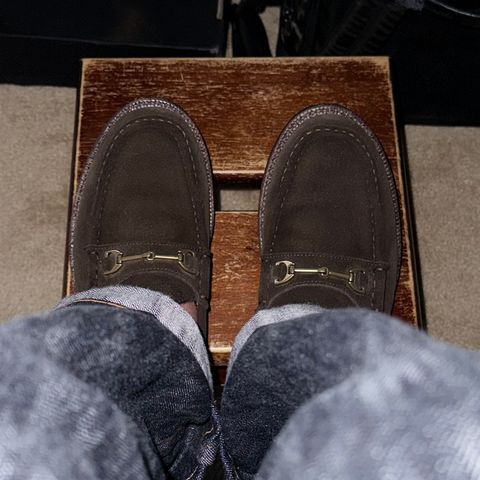 Grant Stone Horse Bit Loafers in C.F. Stead Espresso Repello Calf Suede