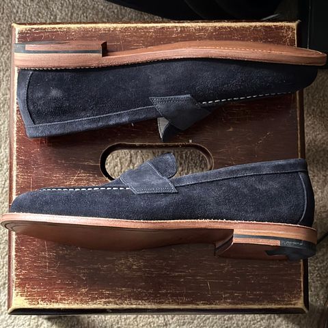 View photo of Grant Stone Traveler Loafer in C.F. Stead Navy Janus Calf Suede