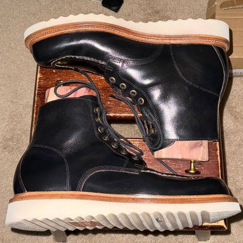 View photo of Grant Stone Brass Boot in Horween Black Chromexcel