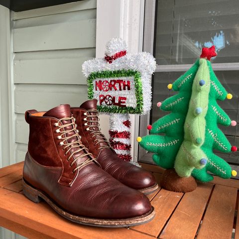 View photo of Viberg Country Boot in C.F. Stead Polo Brown Classic Oiled Shoulder