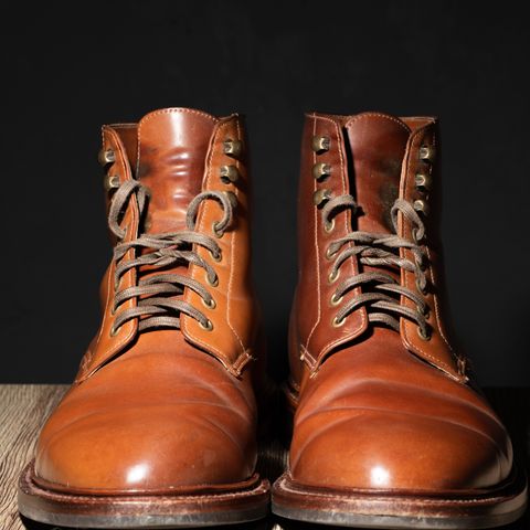 View photo of Grant Stone Edward Boot in Horween Honey Glazed Shell Cordovan